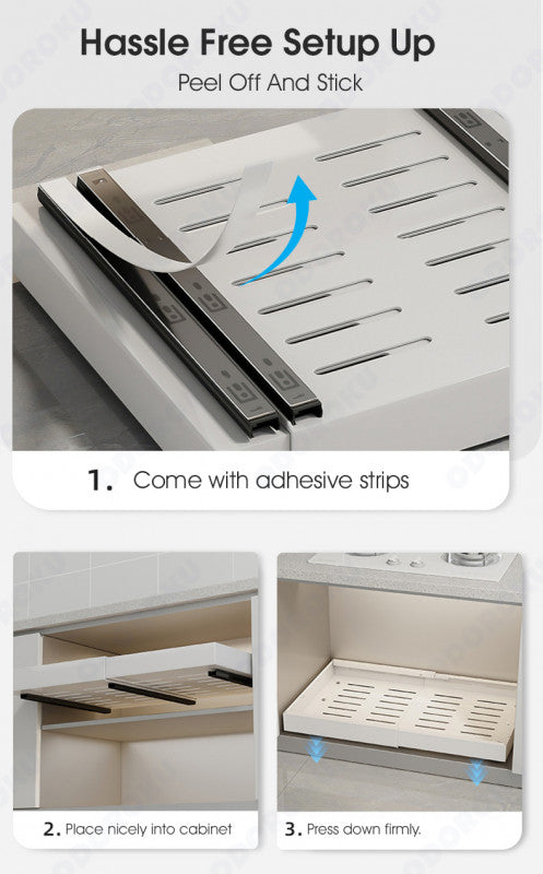 ODOROKU Extendable Length Pull Out Cabinet Drawer Storage Rack Adhesive Tape Under Sink Drawer Organizer Adjustable Length Drawer for Kitchen Cabinets Heavy Duty Storage Organizer - ODOROKU