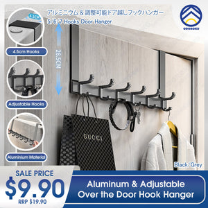 ODOROKU Aluminum & Adjustable Over The Door Hook Hanger Hanging Hooks Over the Door Towel Racks Home Bathroom Organizer Rack Clothes Coat Hat Towel Hanger New Bathroom Kitchen Accessories Holder Black Grey - ODOROKU