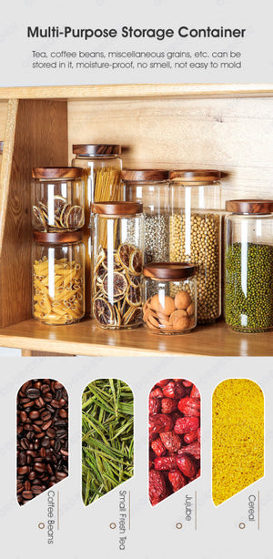 ODOROKU Glass Storage Jar Food Storage Container with Wooden Airtight Lids Acacia Wood Lid Cover Stackable Kitchen Canister Jars Container Air Tight Food Container For Serving Coffee, Tea, Spices, Sugar, Flour etc - ODOROKU