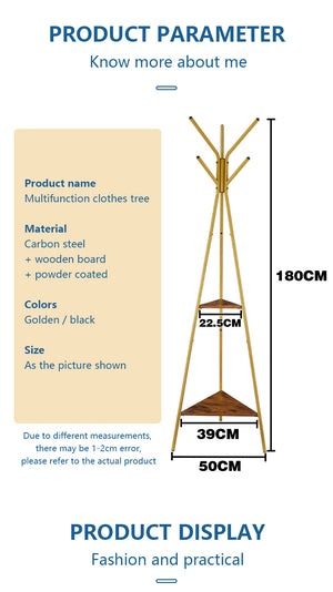 ODOROKU Metal Tree Coat Rack Stand with Wooden Board 6 Hooks Free Standing Coat Rack Bag Rack Hat Rack Hallway Entryway Coat Hanger Stand for Clothes Suits Accessories - ODOROKU