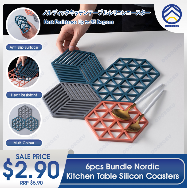 ODOROKU 6pcs Bundle Nordic Kitchen Table Silicon Coaster Biscuit Placemat Silicone Coasters Maximum 95 Degrees - ODOROKU