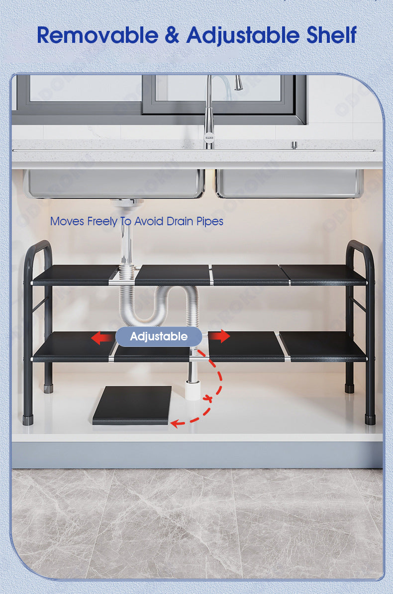 ODOROKU Under Sink Organizers 1/2 Tier Expandable Height/Length Cabinet Shelf Organizer with 8 Detachable Panels for Under Kitchen Bathroom Storage Multi-Use Under Sink Organizers and Storage Black White - ODOROKU