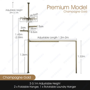 ODOROKU Aluminum H Shape Floor to Ceiling Foldable Laundry Pole with Multiple Hangers Standing Clothes Laundry Drying Rack Adjustable Metal Corner Tension Pole - ODOROKU