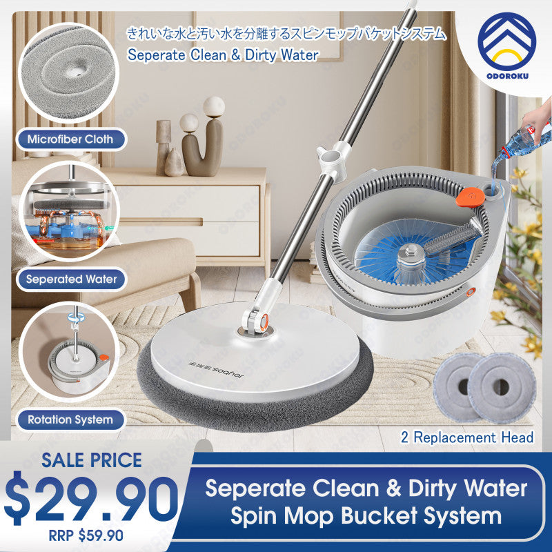 ODOROKU Clean Water Spin Mop and Bucket with Wringer Set Stainless Steel Home Cleaning Mop with Separate Dirty and Clean Water Mops for Floor with Replacement Head Microfiber Cloth Self Wringing 360° Rotating Mop - ODOROKU