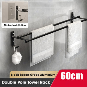 ODOROKU Aluminium Wall Mounted Bathroom Towel Storage Rack with Hook Double Tier Towel Hanger Toilet Bathroom Towel Rack Wall Hanging Black Towel Rack Bathroom Storage Space Saver Nail Free Installation Silver Black - ODOROKU