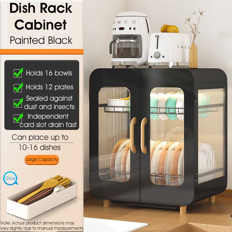 ODOROKU 2 Tier Minimalistic Cabinet Dish Rack with Doors and Water Tray Magnetic Door Dish Drainer Rack Bowl Plates Holder Dust Proof Cabinet Door - ODOROKU