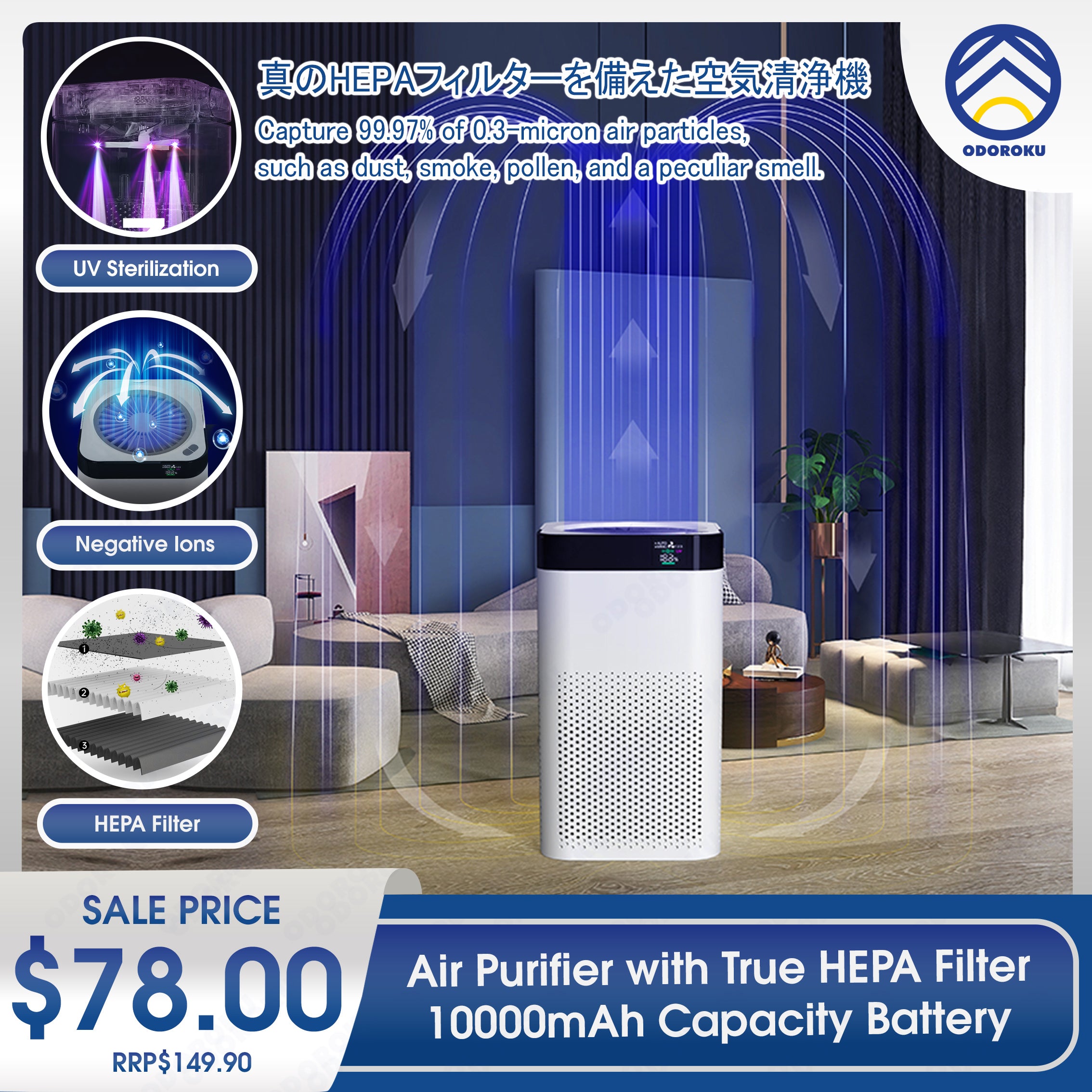 ODOROKU Air Purifier for Home Bedroom H13 True HEPA Filter for Large Room, Dust, Allergies, Pets, Smoke, Air Cleaners for Office, Quiet Auto Mode, Monitor Air Quality with PM2.5 Display - ODOROKU