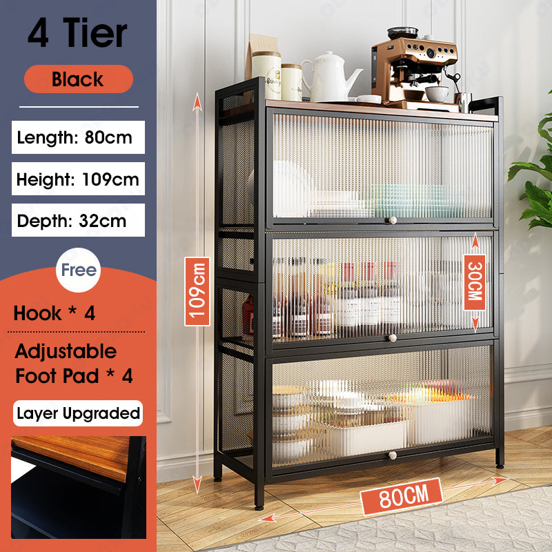 ODOROKU Premium 2/3/4/5 Tiers Heavy Duty Free Standing Black White Kitchen Rack with Cabinet Door & Removable Back Panel for Kitchens Storage with Rolling Wheels Microwave Oven Stand Rack Bakers Rack - ODOROKU