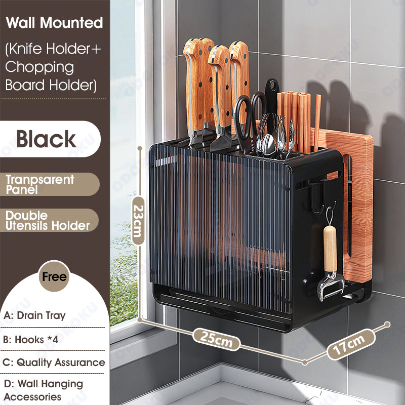 ODOROKU 3 In 1 Kitchen Knife Holder Standing or Wall Mounted Utensils Holder Knife Cutting Board Pots Pan Lids Rack with Tray Organizer Cutting Board Holder Knife Block without Knives Black / White - ODOROKU