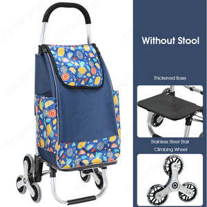 ODOROKU Foldable Aluminum Grocery Cart With Stool Seat For Elderly Shopping 3 Wheels Stairs Climbing Wheel Waterproof Easy Storage Heavy Duty Multi-Purpose Large Capacity Push Cart Trolley Travel Supermarket Market Fresh Food Red Maroon Navy Blue - ODOROKU