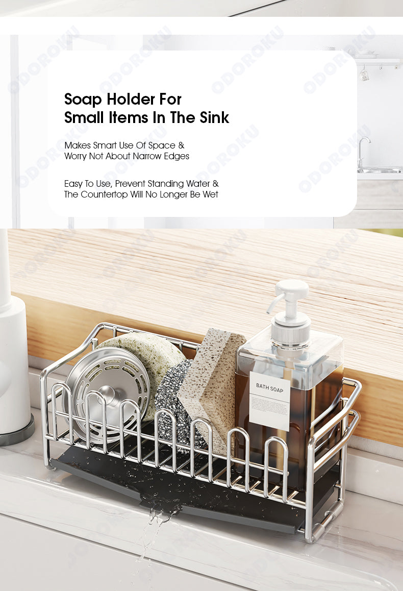 ODOROKU 304 Stainless Steel Sponge & Soap Holder with Drain Tray Rustproof Kitchen Slim Sink Caddy Kitchen Sink Organizer with Auto Draining Tray Sink Sponge Holder Self Drain Kitchen Sponge Holder Silver - ODOROKU