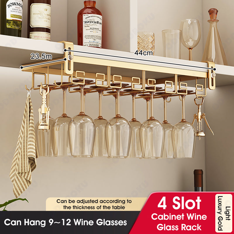 ODOROKU 2/3/4 Slots Adjustable Wine Glass Holder Under Shelf Nail Free Metal Stemware Holder Storage Hanger Hanging Wine Glasses Rack Organizer Under Cabinet Mount for Bar Kitchen Gold White - ODOROKU