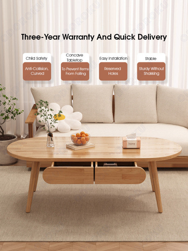 ODOROKU 80/100/120cm Wood Modern Oval Coffee Table with Drawer 1.5cm Thickness Solid Rubber Wooden Coffee Table Scandinavian Nordic Design Round Wooden Center Table Side End Table for Living Room Sturdy Tea Table - ODOROKU