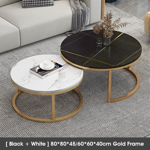 ODOROKU Sintered Stone Coffee Table Set of 2 Side Set Golden or Black Frame Circular and Marble Material Pattern Tables, Living Room Bedroom Apartment Modern Industrial Space Saving - ODOROKU