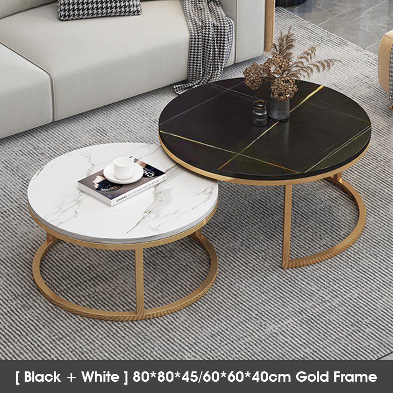 ODOROKU Sintered Stone Coffee Table Set of 2 Side Set Golden or Black Frame Circular and Marble Material Pattern Tables, Living Room Bedroom Apartment Modern Industrial Space Saving - ODOROKU