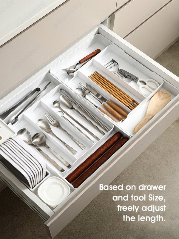 ODOROKU 27-48CM Expandable Utensil Tray Kitchen Drawer Organizer Multi Compartment Kitchen Utensil Holder Multipurpose Adjustable Organizer Tray For Kitchen & Office Supplies White - ODOROKU