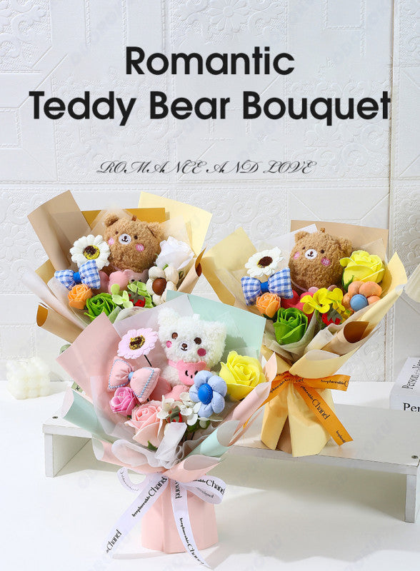 ODOROKU Handmade Plush Bear Bouquet with Artificial Flowers Soap Rose Bouquet Gift with Teddy Bear and Ribbon Birthday Bridal Shower Graduation Mother's Day Gift - ODOROKU