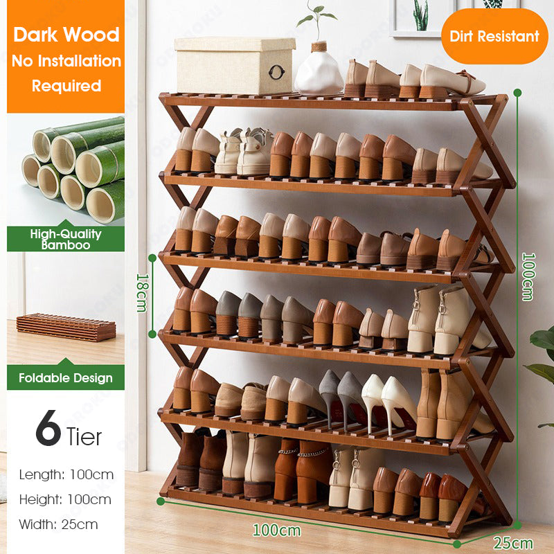 ODOROKU 3/4/5/6 Tier Foldable Bamboo Shoe Rack Free Standing Shoe Shelf Foldable Shoe Rack Installation Free Entryway Storage Organizer for Hallway Bathroom Living Room Bedroom Balcony - ODOROKU