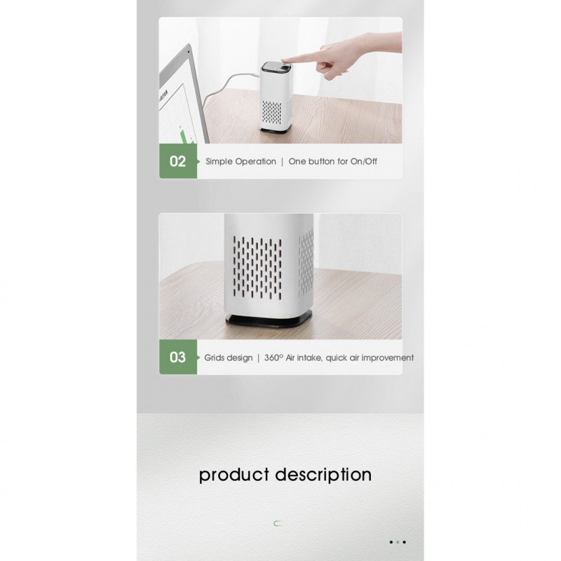 ODOROKU Mini HEPA USB-C Powered Air Purifier Ultra Portable Ultra Quiet Perfect for Travel In-Car and Desktop White Black Green - ODOROKU