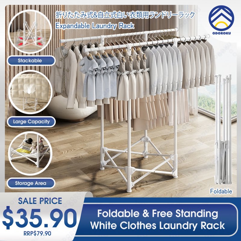 ODOROKU Foldable & Free Standing White Clothes Clothes Laundry Rack Collapsible Clothes Rack Laundry RackS Foldable Portable Space Saving Clothes Drying Rack High Capacity - ODOROKU