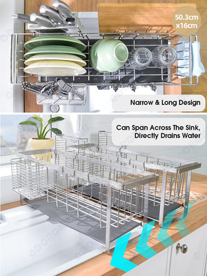 ODOROKU Stainless Steel Narrow & Long Dish Rack with Automatic Drainer and Moveable Hooks Storage Of Plates Plate Bowls Cutlery Utensils Knife Knives Chopping Board Peeler Sponges Gloves Rags Holder Water Tray Draining Drainage For Kitchen Counter/Sink - ODOROKU