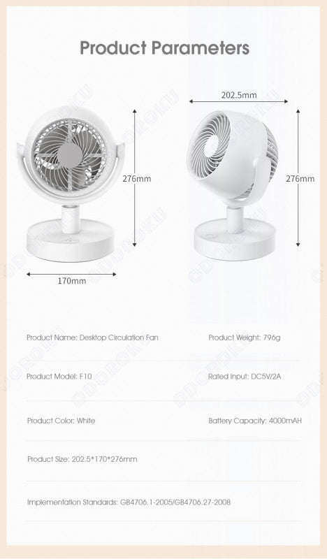 ODOROKU Whole Room Air Circulation Fan Cordless 4000mAh Rechargeable Battery Oscillating Fan Adjustable Tilt Head 3 Speeds Table Fan for Home and Office White - ODOROKU