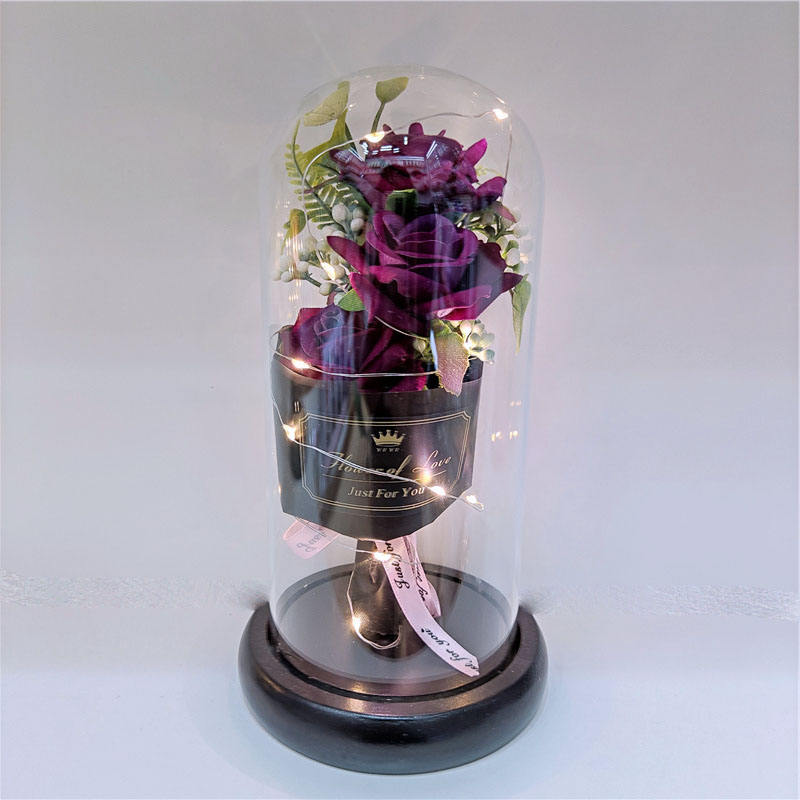 ODOROKU Silk Rose and Led Light with Fallen Petals in Glass Dome on Wooden Base Artificial Rose Rose Kit Rose Glass Dome Valentine's Day Anniversary Birthday Mothers Day Gift - ODOROKU