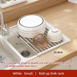 ODOROKU Roll Up Dish Drying Rack Over Sink Drying Rack Sink Cover Kitchen Sink Accessories Gadget Multipurpose Organizer Foldable Stainless Steel Drainer Heat-Resistant Anti-Slip Anti-Rust Black White - ODOROKU