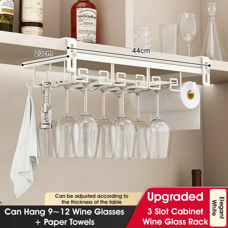 ODOROKU 2/3/4 Slots Adjustable Wine Glass Holder Under Shelf Nail Free Metal Stemware Holder Storage Hanger Hanging Wine Glasses Rack Organizer Under Cabinet Mount for Bar Kitchen Gold White - ODOROKU