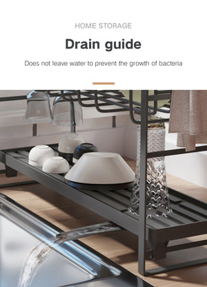 ODOROKU Customizable 2 Tier Adjustable Dish Drainer Drying Rack Dish Rack with Hooks Utensils Holder Cloth Holder White Black - ODOROKU