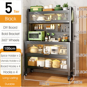 ODOROKU 80/100cm Heavy Duty Bakers Rack with Flip Door Kitchen Rack Microwave Rack with Wheels Kitchen Storage Rack with Wire Holes Kitchen Multi-Tier Rack for Spices Pots and Pans Black White - ODOROKU