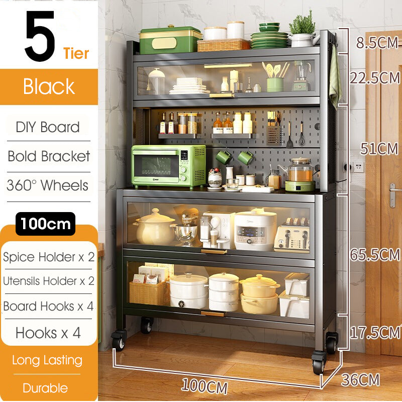 ODOROKU 80/100cm Heavy Duty Bakers Rack with Flip Door Kitchen Rack Microwave Rack with Wheels Kitchen Storage Rack with Wire Holes Kitchen Multi-Tier Rack for Spices Pots and Pans Black White - ODOROKU