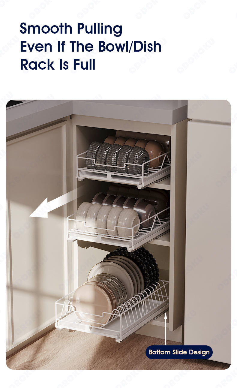 ODOROKU Sliding Cabinet Drawer Rack For Dishes Plates Bowl Organizer with Water Tray and Adhesive Tape Kitchen Drawers Multi-Purpose Under Sink Organizer and Storage for Kitchen Under Bathroom Sink Organizer Black White - ODOROKU