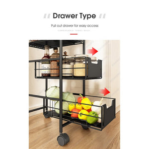 ODOROKU 3/4/5 Tiers Drawer Basket Rack with Wheels Kitchen Organizer Basket Spice Rack Organizer Pots Pans Sliding Drawe - ODOROKU