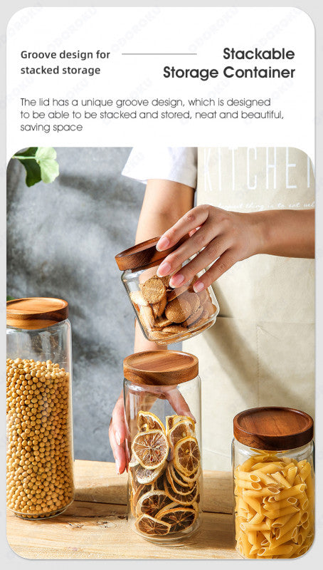 ODOROKU Glass Storage Jar Food Storage Container with Wooden Airtight Lids Acacia Wood Lid Cover Stackable Kitchen Canister Jars Container Air Tight Food Container For Serving Coffee, Tea, Spices, Sugar, Flour etc - ODOROKU