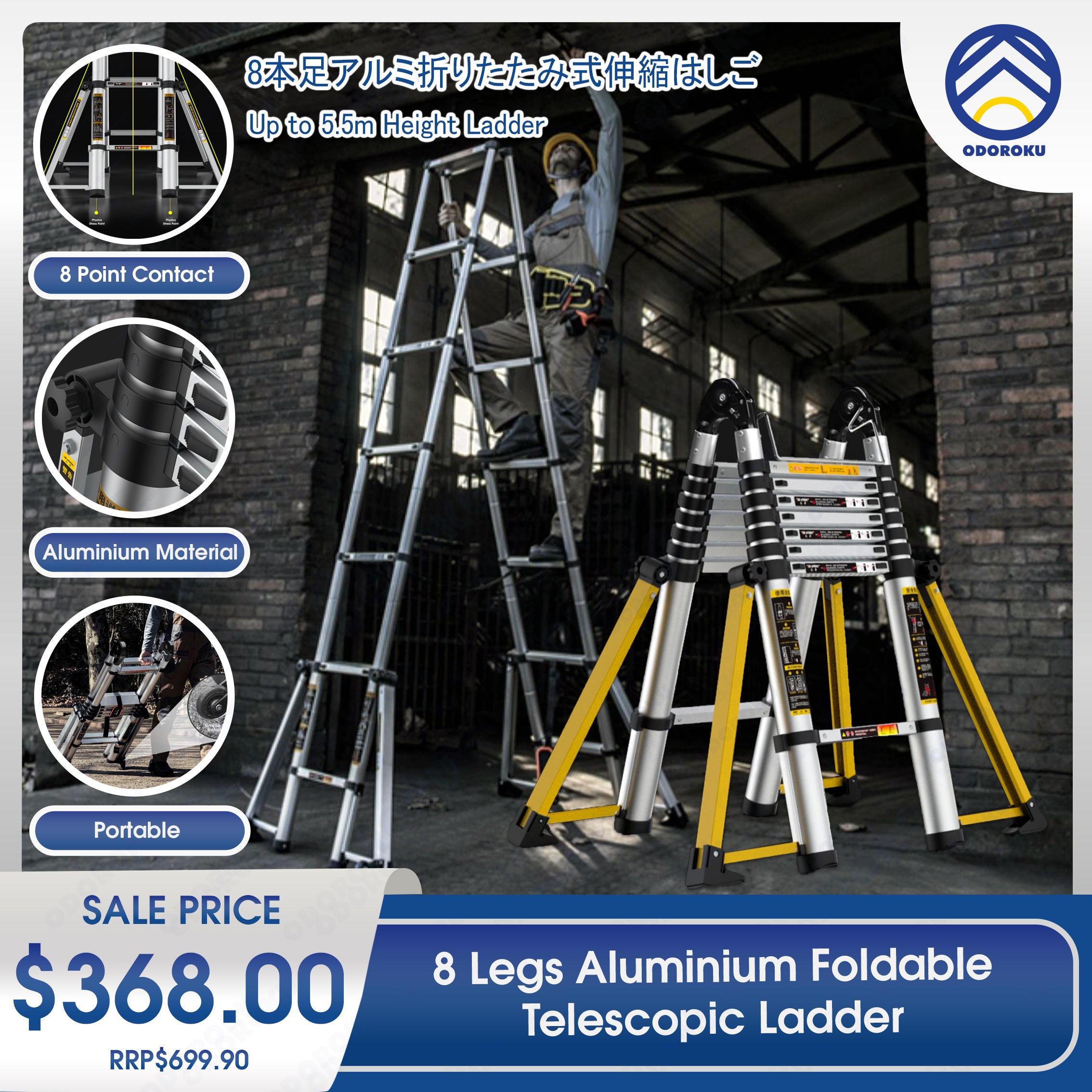 ODOROKU 8 Legs Aluminum Telescopic Ladder Extension Foldable Ladder A Shape or Straight Ladder Multi-Purpose Ladder with Wheels and Base Support, 2000kg Capacity - ODOROKU