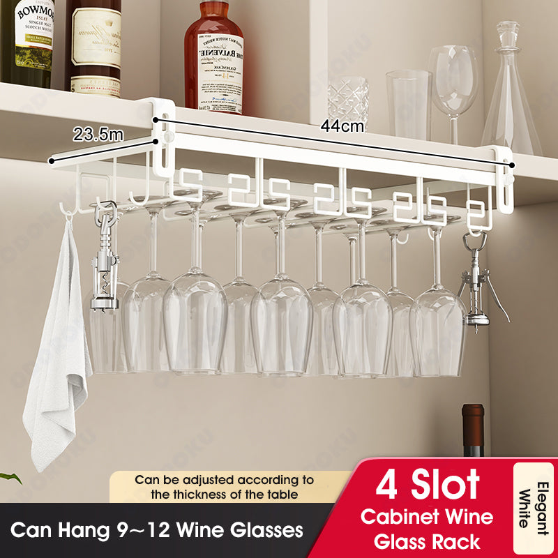 ODOROKU 2/3/4 Slots Adjustable Wine Glass Holder Under Shelf Nail Free Metal Stemware Holder Storage Hanger Hanging Wine Glasses Rack Organizer Under Cabinet Mount for Bar Kitchen Gold White - ODOROKU