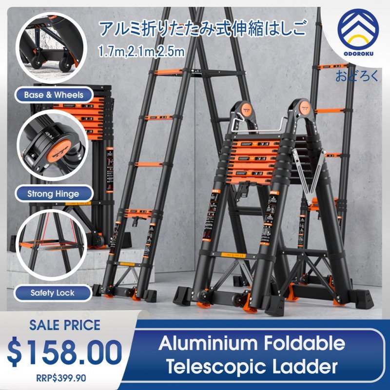 ODOROKU Aluminum Telescopic Ladder Extension Multi-Purpose Ladder with Wheels and Base Support, 2000kg Capacity - ODOROKU