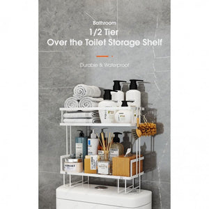 ODOROKU Bathroom 1/2 Tier Over The Toilet Storage Shelf Bathroom Organizer with Hanging Hook & Adhesive Base No Drilling Space Saver Black White - ODOROKU