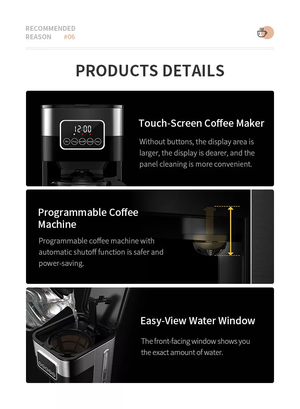 ODOROKU Coffee Maker Touch-Screen 10-cup Programmable with Glass Carafe Coffee Machine Drip Coffee Maker Stainless Steel - ODOROKU