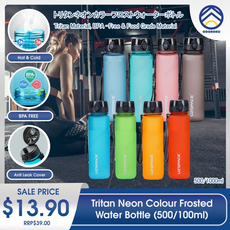 ODOROKU Neon Frosted BPA Free Water Bottle 500ml 1000ml 1 Litre USA Tritan Food Grade Material Easy One-Hand Opening Cover Leak-proof Safety Lock Nylong Strap Ideal for Outdoor Sports Exercise Cycling Tritan Water Bottle - ODOROKU