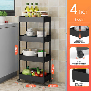 ODOROKU 3/4/5 Tiers Slim Storage Cart Kitchen Bathroom Rolling Utility Cart Storage Organizer Cart Mobile Shelving Unit Organizer Kitchen Trolley Black White - ODOROKU