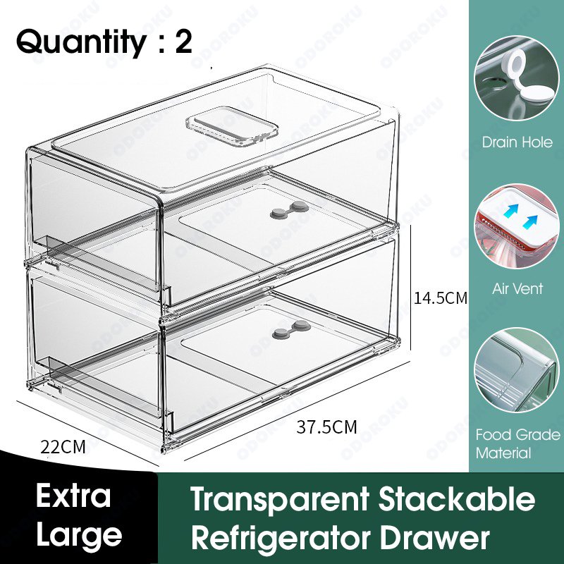 ODOROKU Stackable Refrigerator Drawer Organizer Bins Refrigerator Storage Bins Drawers Stackable Clear Fridge Organizer BPA Free Plastic Storage Drawers - ODOROKU