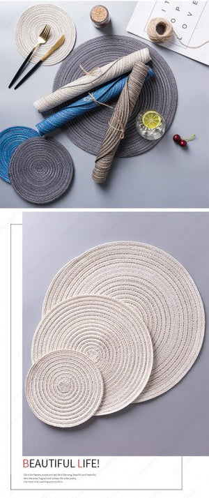 ODOROKU Set of 4 Nordic Style Round Braided Placemat Trivet Cotton Yarn Placemats Thread Weave Heat Resistant Non-Slip Pads Set Table Mat for Kitchen - ODOROKU