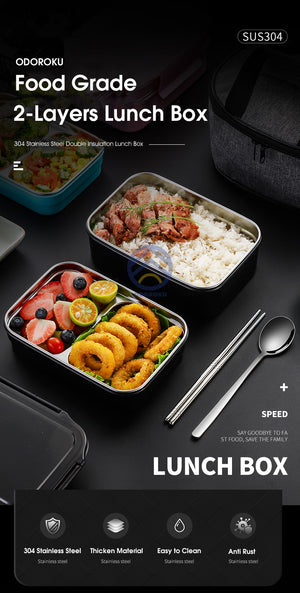 ODOROKU 304 Stainless Steel 2 Levels Bento Box Japanese Lunch Box Kit 1000ml ,2Compartment Leak-proof Bento Lunch Box - ODOROKU