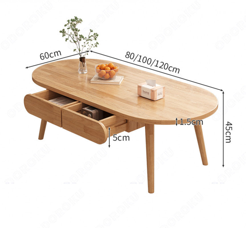 ODOROKU 80/100/120cm Wood Modern Oval Coffee Table with Drawer 1.5cm Thickness Solid Rubber Wooden Coffee Table Scandinavian Nordic Design Round Wooden Center Table Side End Table for Living Room Sturdy Tea Table - ODOROKU