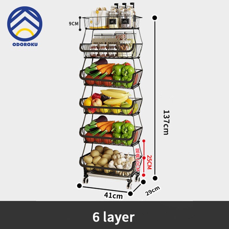 ODOROKU 2/3/4/5/6 Tiers Kitchen Basket Rack with Wheels Multipurpose Rack Storage Vegetable And Fruit Basket - ODOROKU