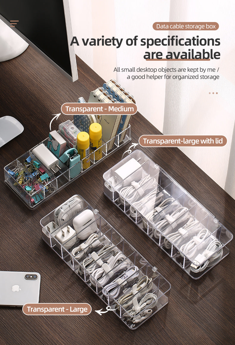 ODOROKU Clear Plastic Cable Organizer Box with Adjustment Compartments Desk Accessories Storage Case with Lid and for Drawer, Office, Art Supply, Electronic Management - ODOROKU