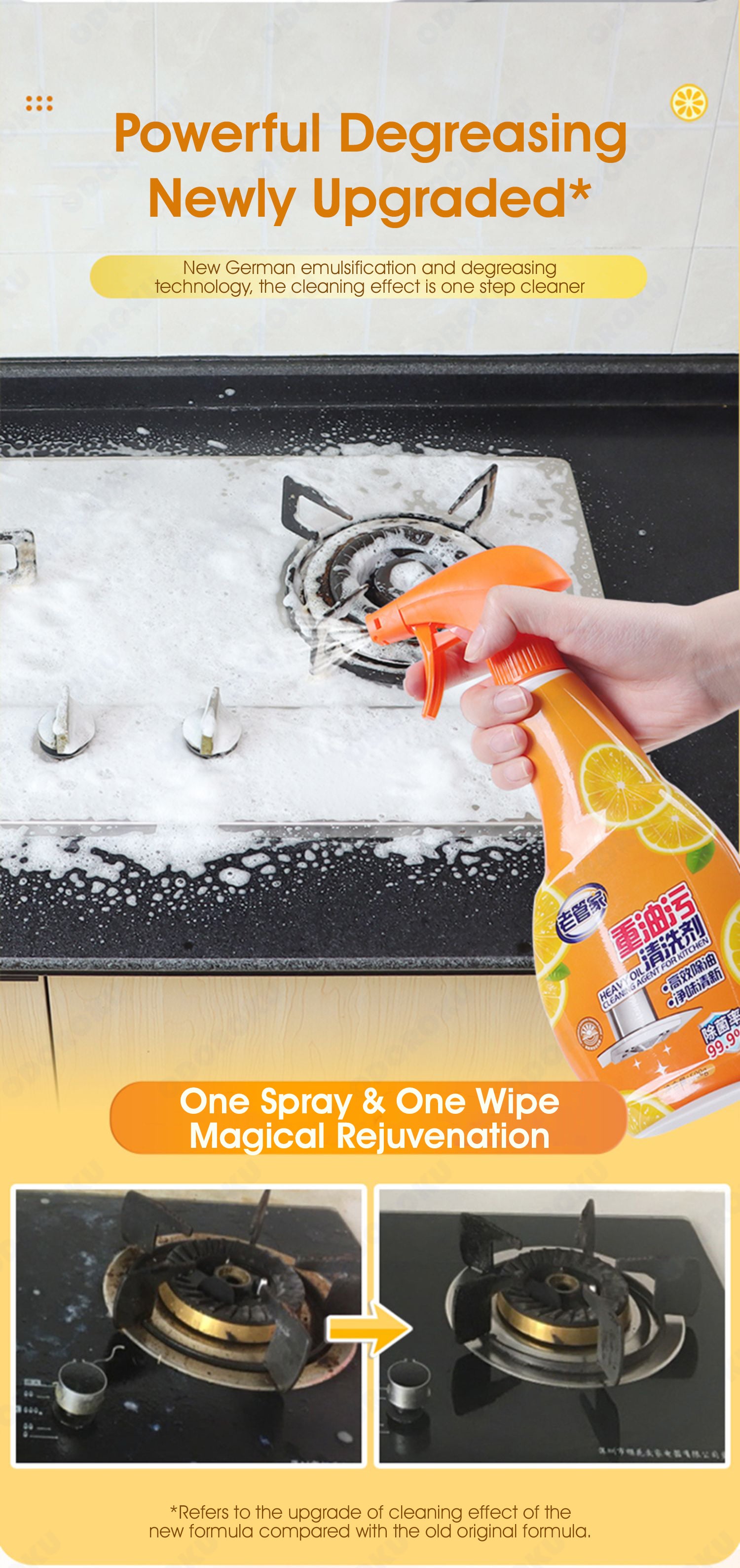 ODOROKU Heavy Duty Degreaser Kitchen Spray Cleaner 500ml and Degreaser Antibacterial All Purpose Cleaning Spray for Kitchens Countertops Ovens and Appliances Lemon Scent - ODOROKU