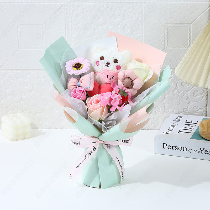 ODOROKU Handmade Plush Bear Bouquet with Artificial Flowers Soap Rose Bouquet Gift with Teddy Bear and Ribbon Birthday Bridal Shower Graduation Mother's Day Gift - ODOROKU